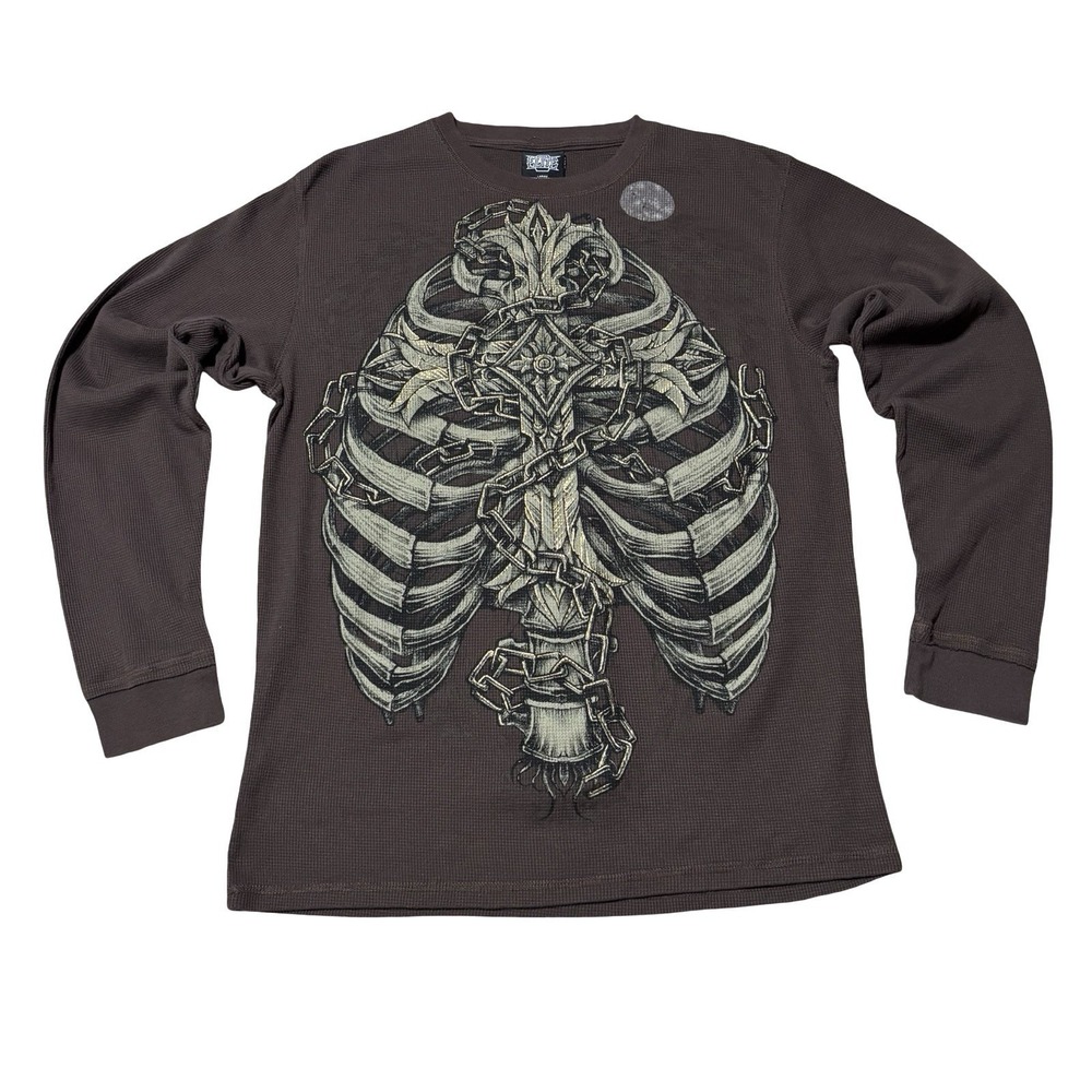 MMA Elite Men's Long Sleeve Thermal Shirt Brown Grunge Skeleton Wings Size Large